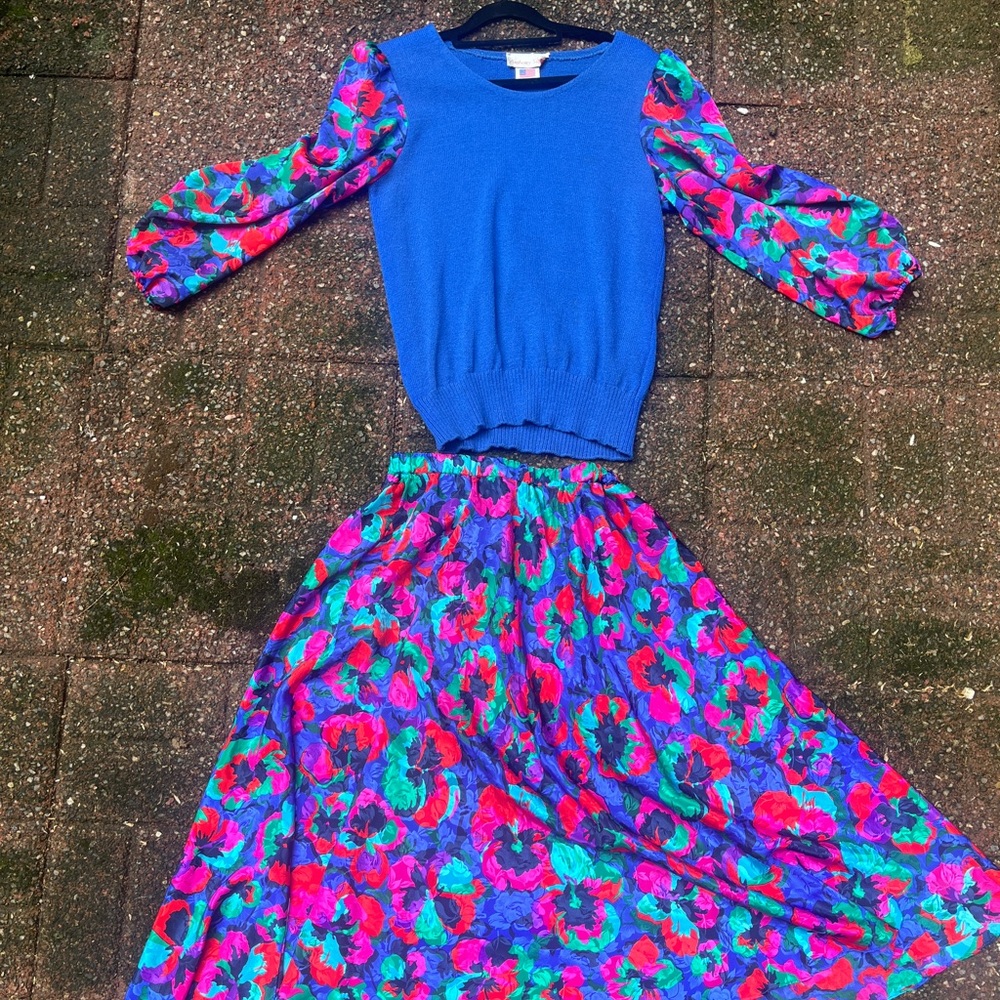 Vintage 80s Vibrant Blue Top with Floral Skirt Set